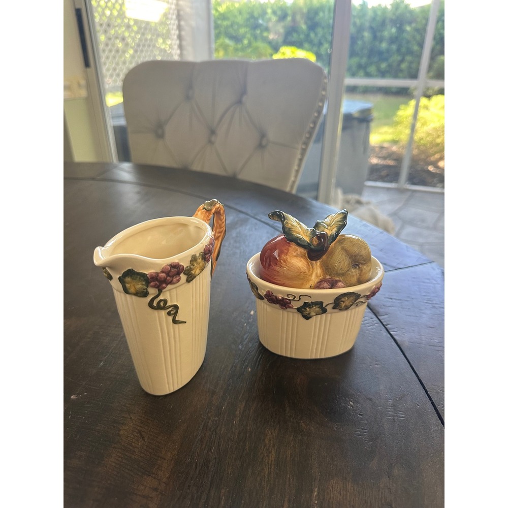 Bico China Cream and Sugar Set Fruit Apple Pear Grape Embossed Ceramic Off White